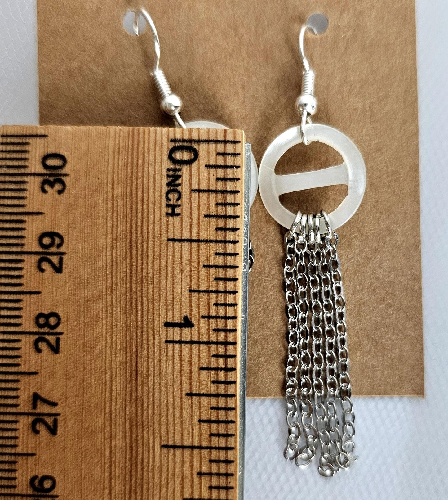 Handmade Mother of Pearl Circle Earrings: Stainless Steel Chain Fringe
