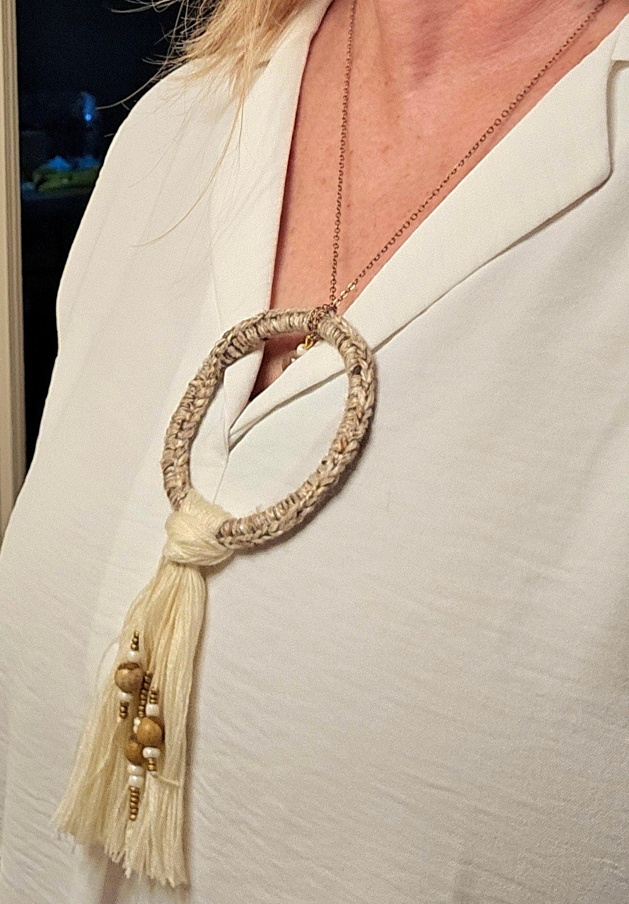 Handmade Boho Crochet Pendant Necklace: Brown Beads, Cream Tassel, Copper Chain