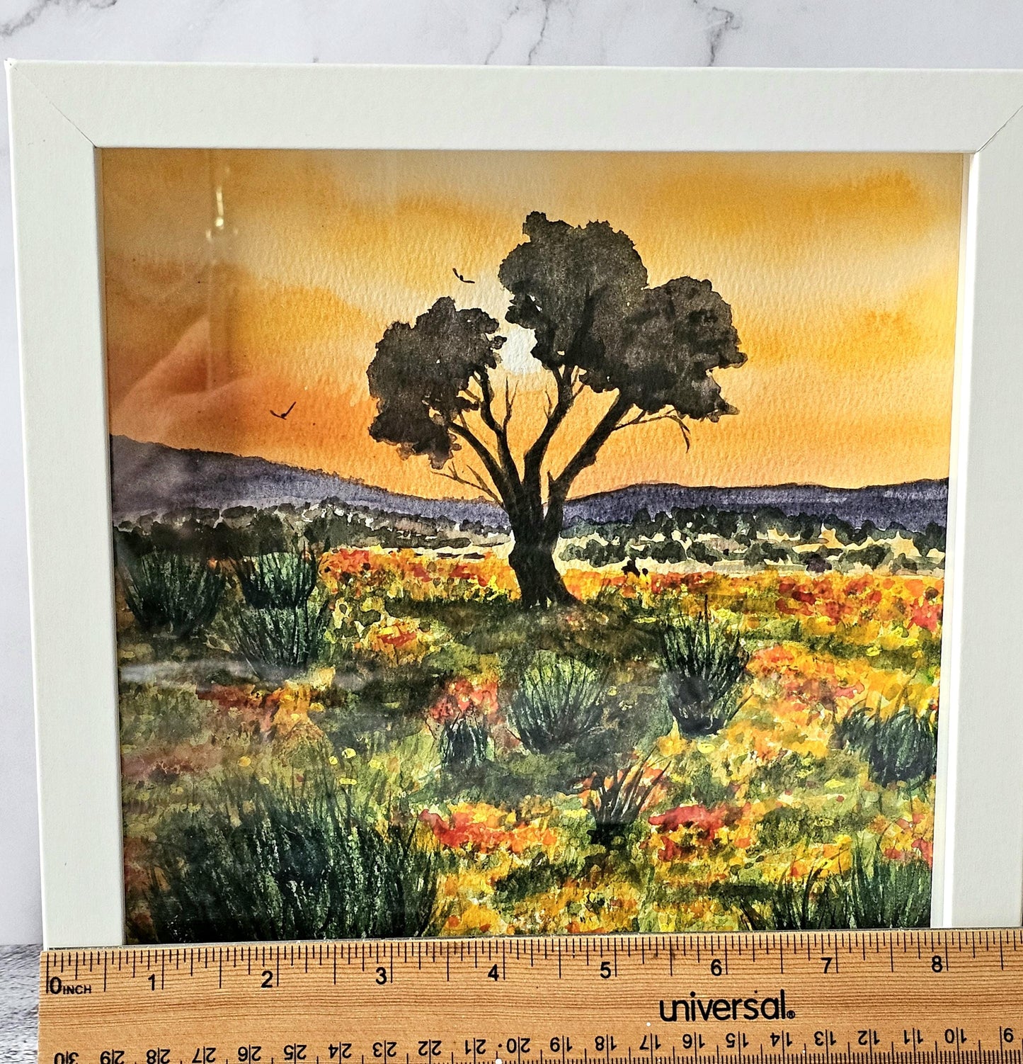 Framed Watercolor Sunset Painting: California Oak Tree Art on Metal Tile