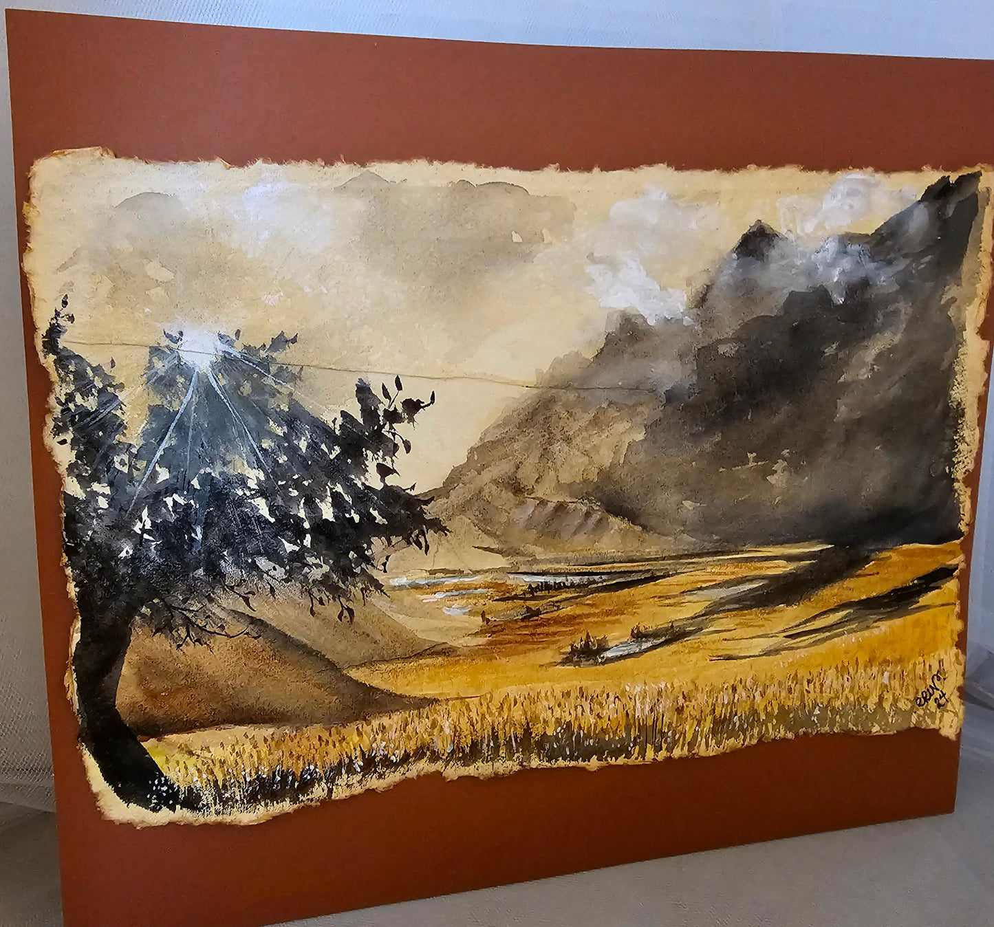 Original Watercolor Painting of 'A Far Away Place' on Burnt Edge Parchment 12x10.5"