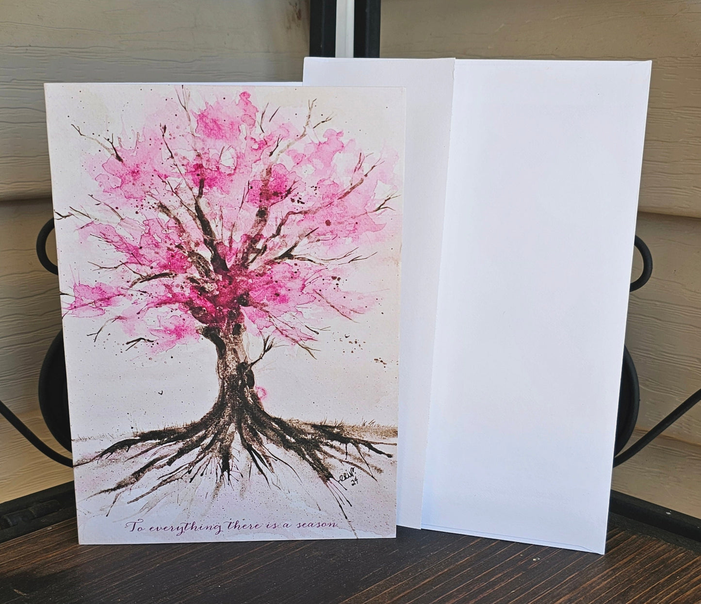 Watercolor Pink Tree Greeting Card: Christian Art, Springtime Verse