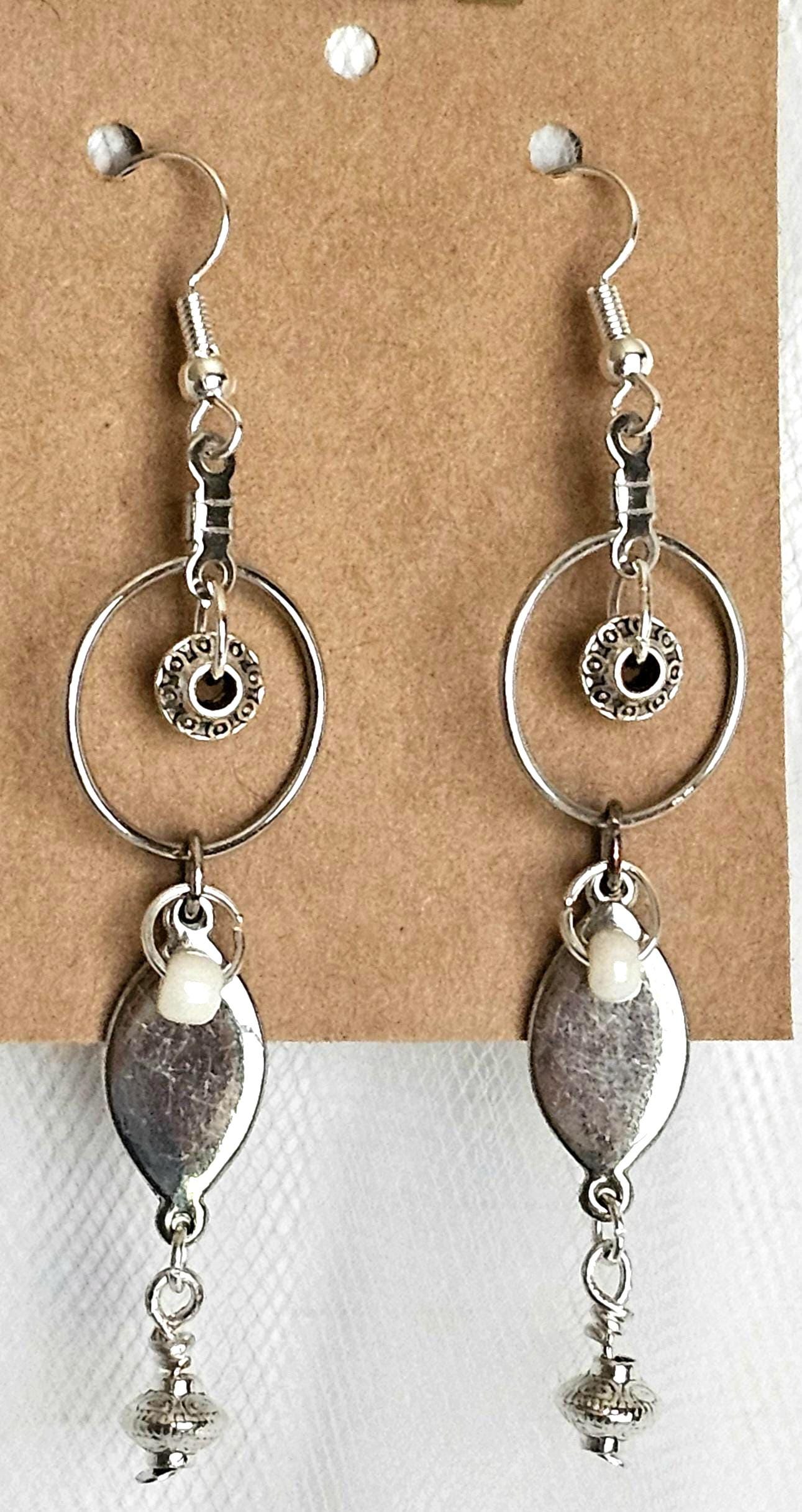 Handmade Silver Tone Hoop Earrings: White Beads, Hypoallergenic Hooks