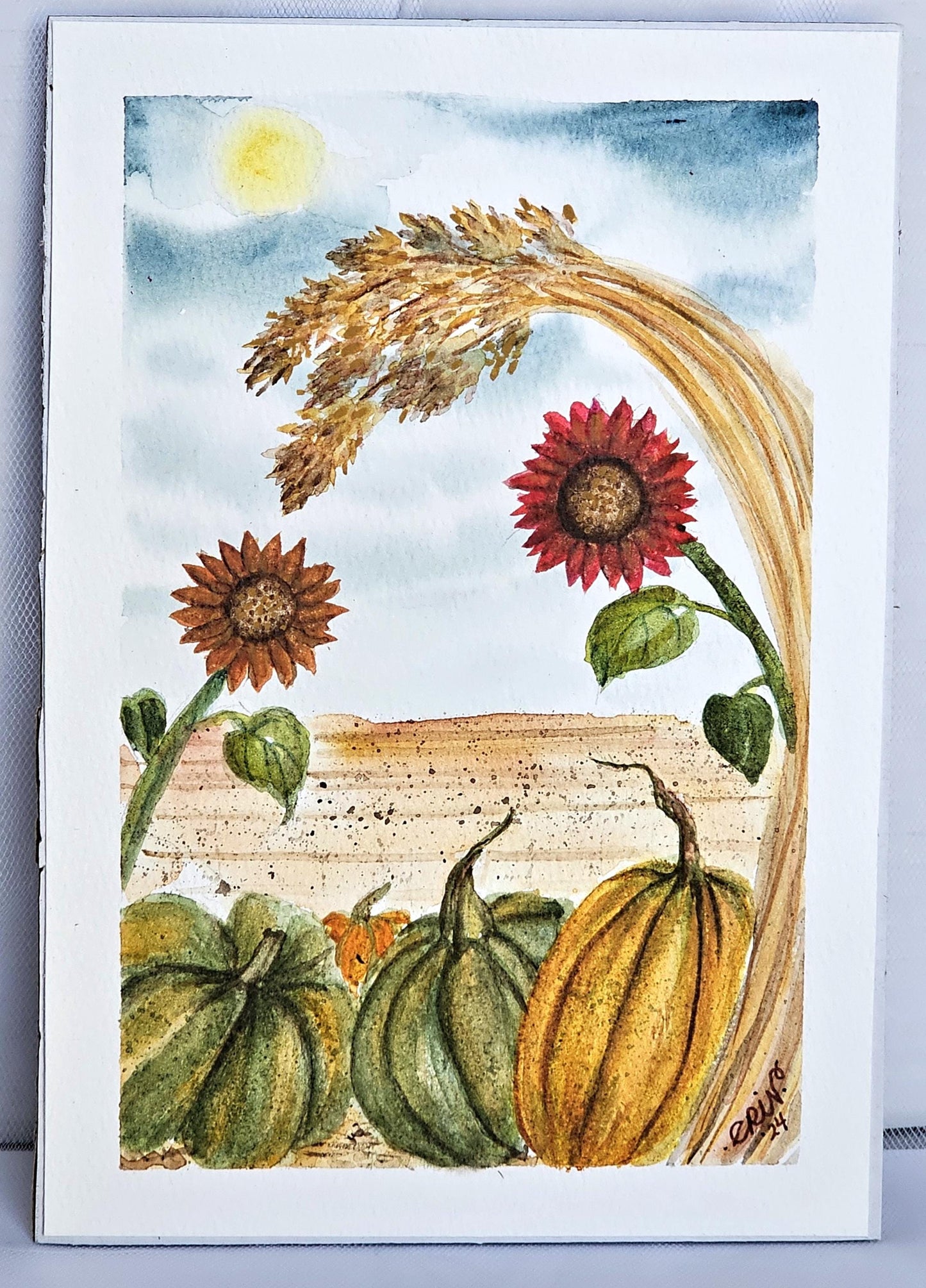 Original Watercolor Art Painting 'Grateful Harvest' Unframed 9x6 Autumn Fall Thanksgiving Theme