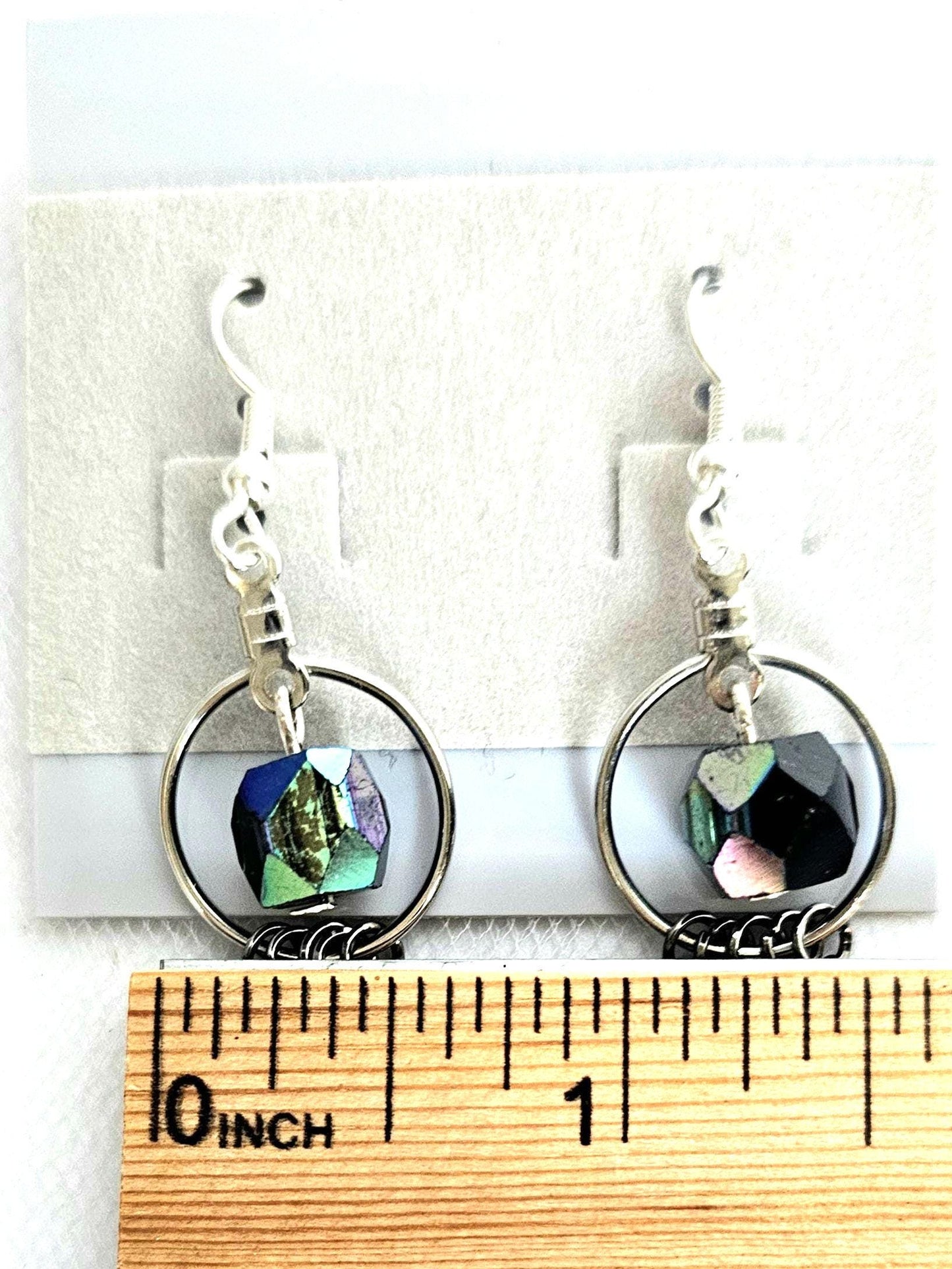 Handmade Iridescent Black Beaded Hoop Earrings with Dark Silver Chain Fringe