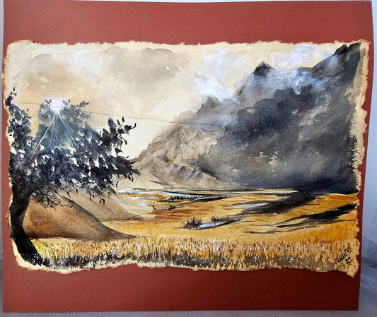 Original Watercolor Painting of 'A Far Away Place' on Burnt Edge Parchment 12x10.5"