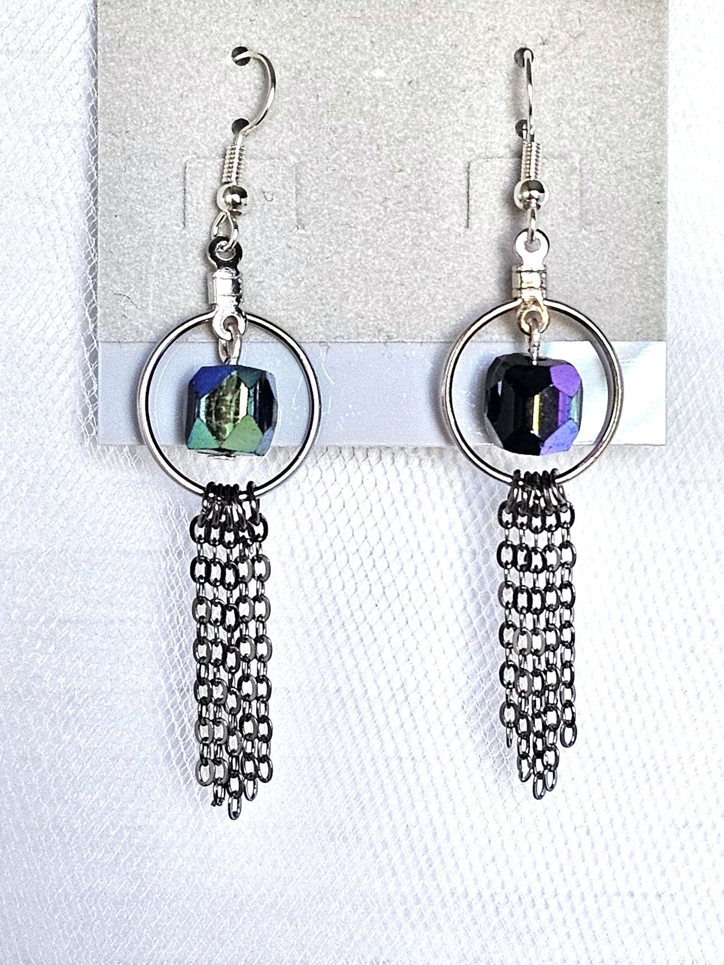 Handmade Iridescent Black Beaded Hoop Earrings with Dark Silver Chain Fringe