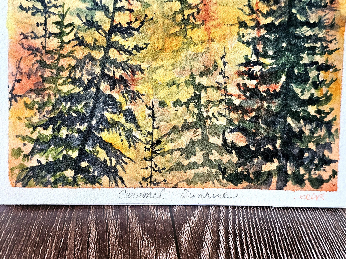 Original Watercolor Art Painting 'Caramel Sunrise' Unframed 8.5x6.5" With Backing & Slipcover