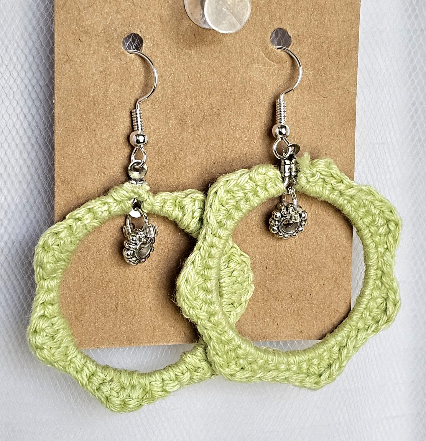 Handmade Crochet Hoop Earrings: Lime Green Cotton with Silver Beads