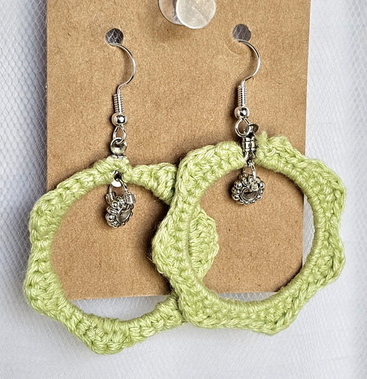 Handmade Crochet Hoop Earrings: Lime Green Cotton with Silver Beads