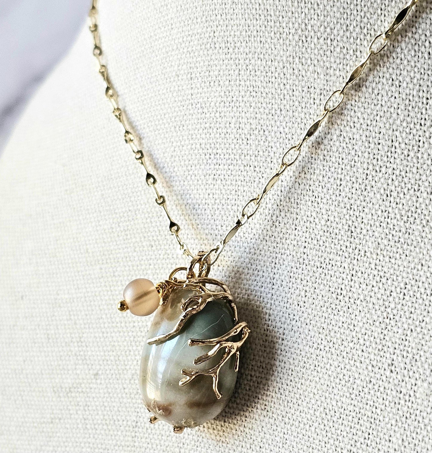 Green Jasper Pendant Necklace: Gold Tone Wire Wrap, 24" Vigano Chain