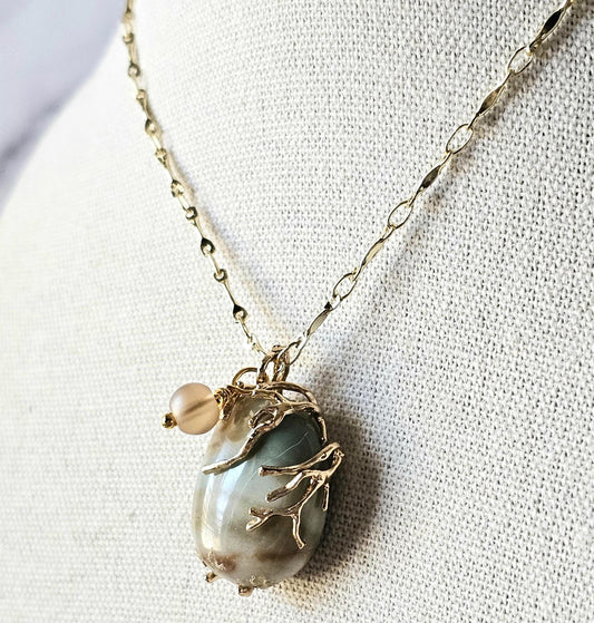 Green Jasper Pendant Necklace: Gold Tone Wire Wrap, 24" Vigano Chain