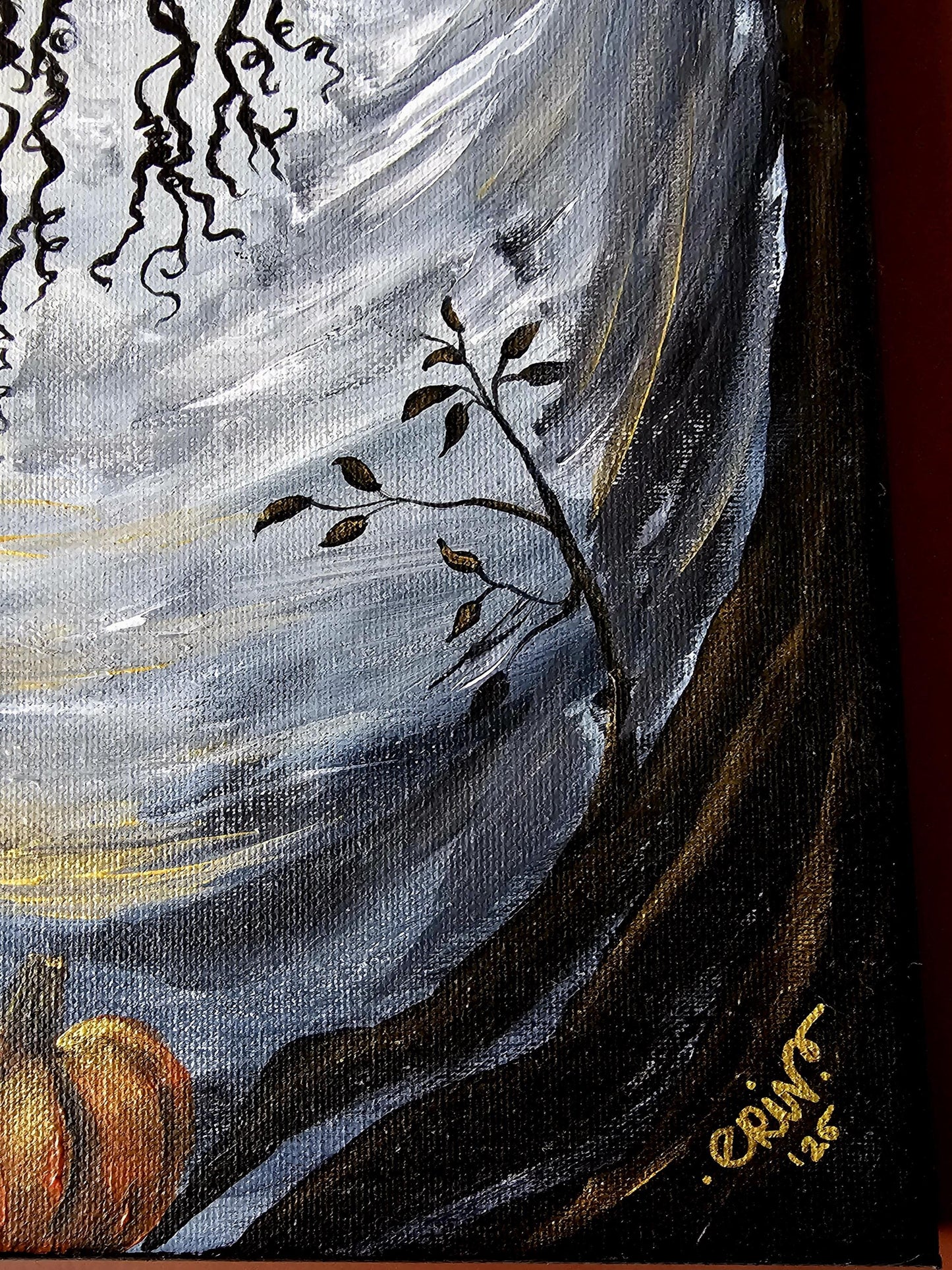 Original Acrylic Fall Painting: Lantern with Pumpkins, Dowel Hanger - 20x10