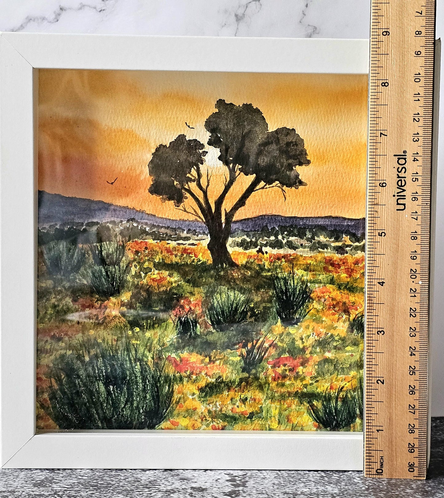 Framed Watercolor Sunset Painting: California Oak Tree Art on Metal Tile