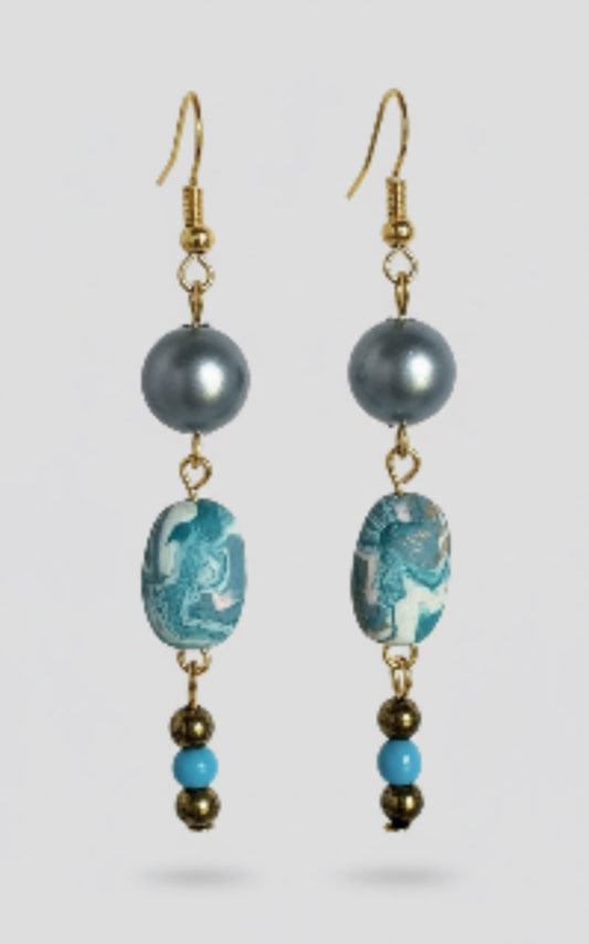 Handmade Turquoise Clay/Plastic/Brass Dangle Earrings on Hypo Aller Gold Tone Hooks