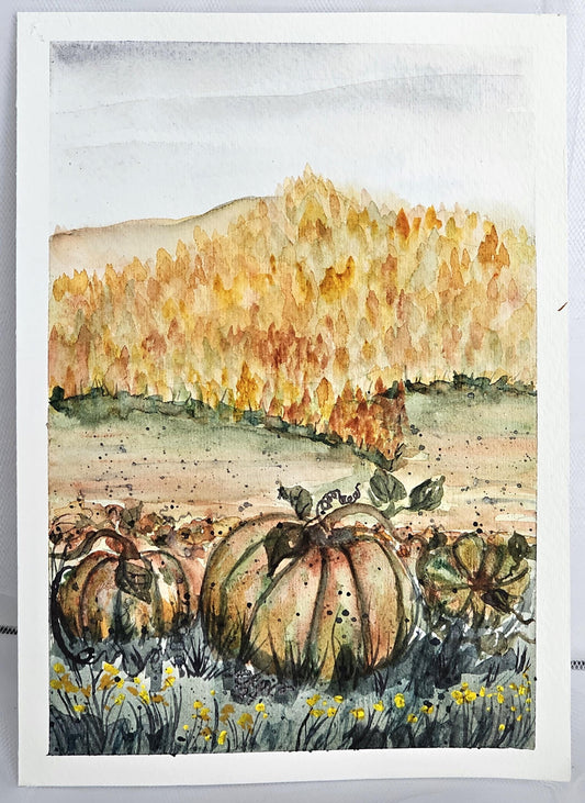Original Watercolor Art Painting 'Pumpkins in a Field' Unframed 9x6 Autumn Fall Theme
