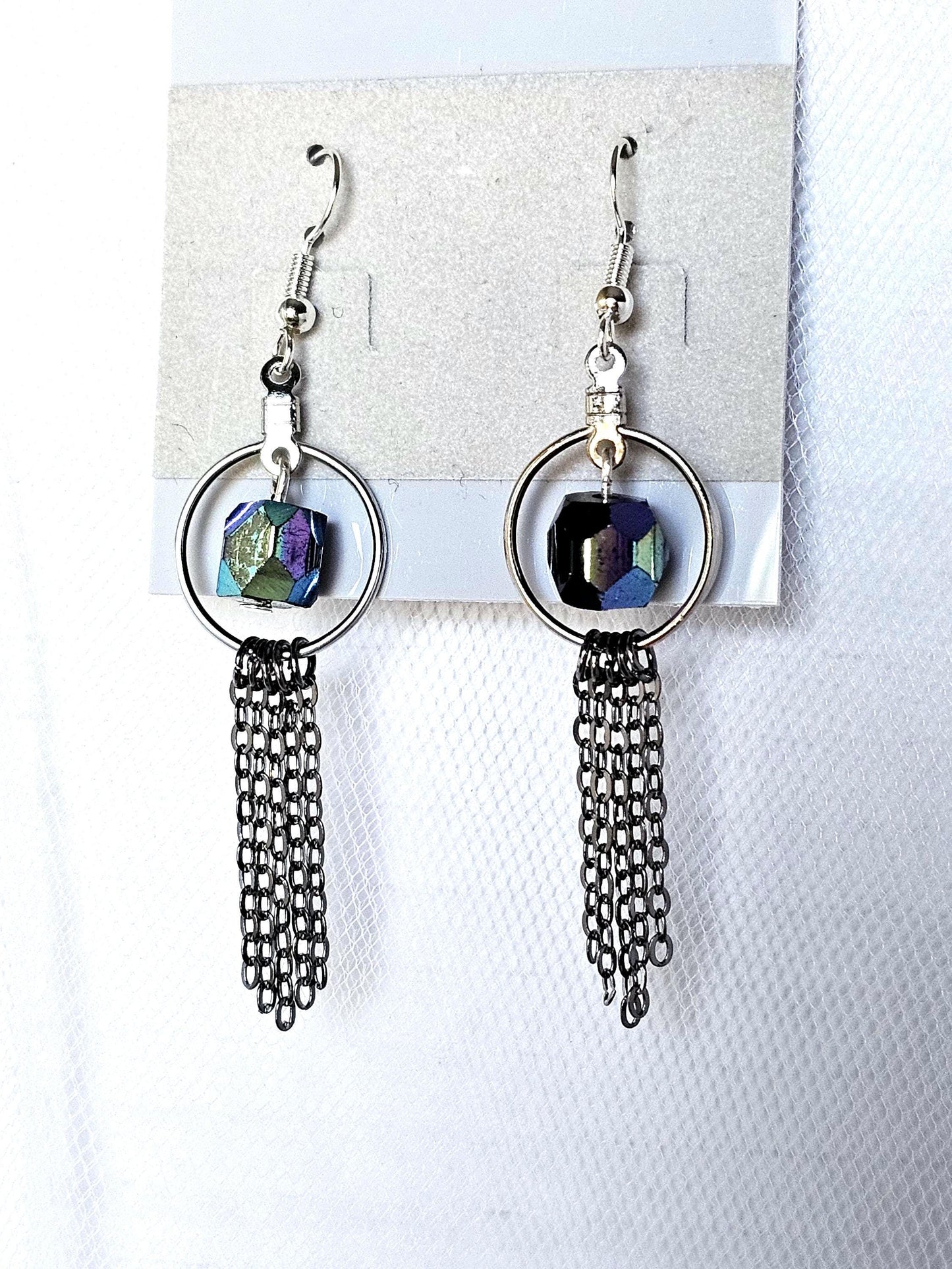 Handmade Iridescent Black Beaded Hoop Earrings with Dark Silver Chain Fringe