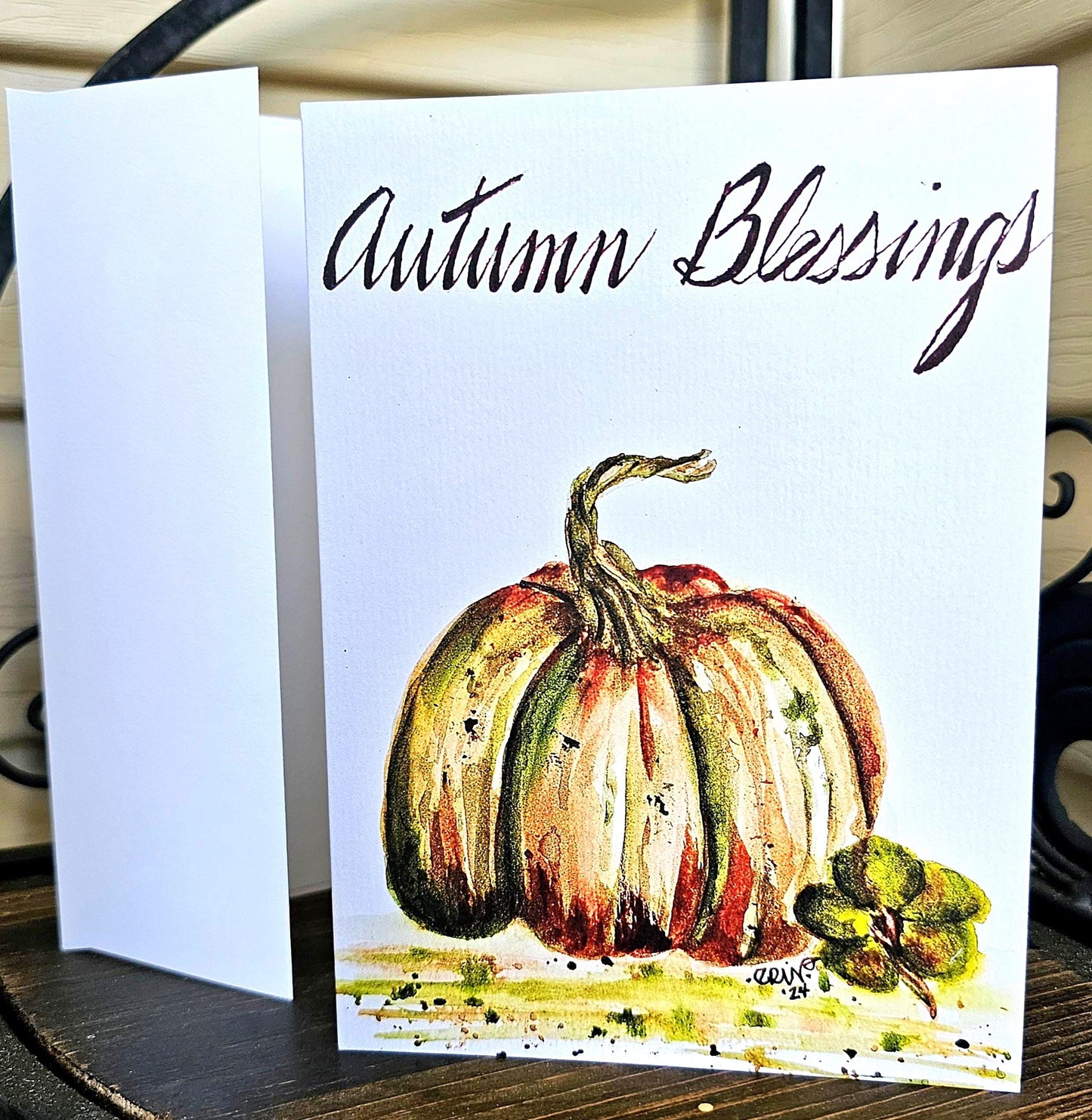 Watercolor Pumpkin Greeting Card: 'Autumn Blessings' 5x7 with White Envelope