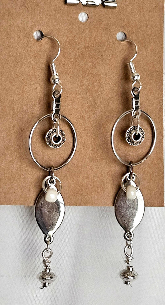 Handmade Silver Tone Hoop Earrings: White Beads, Hypoallergenic Hooks