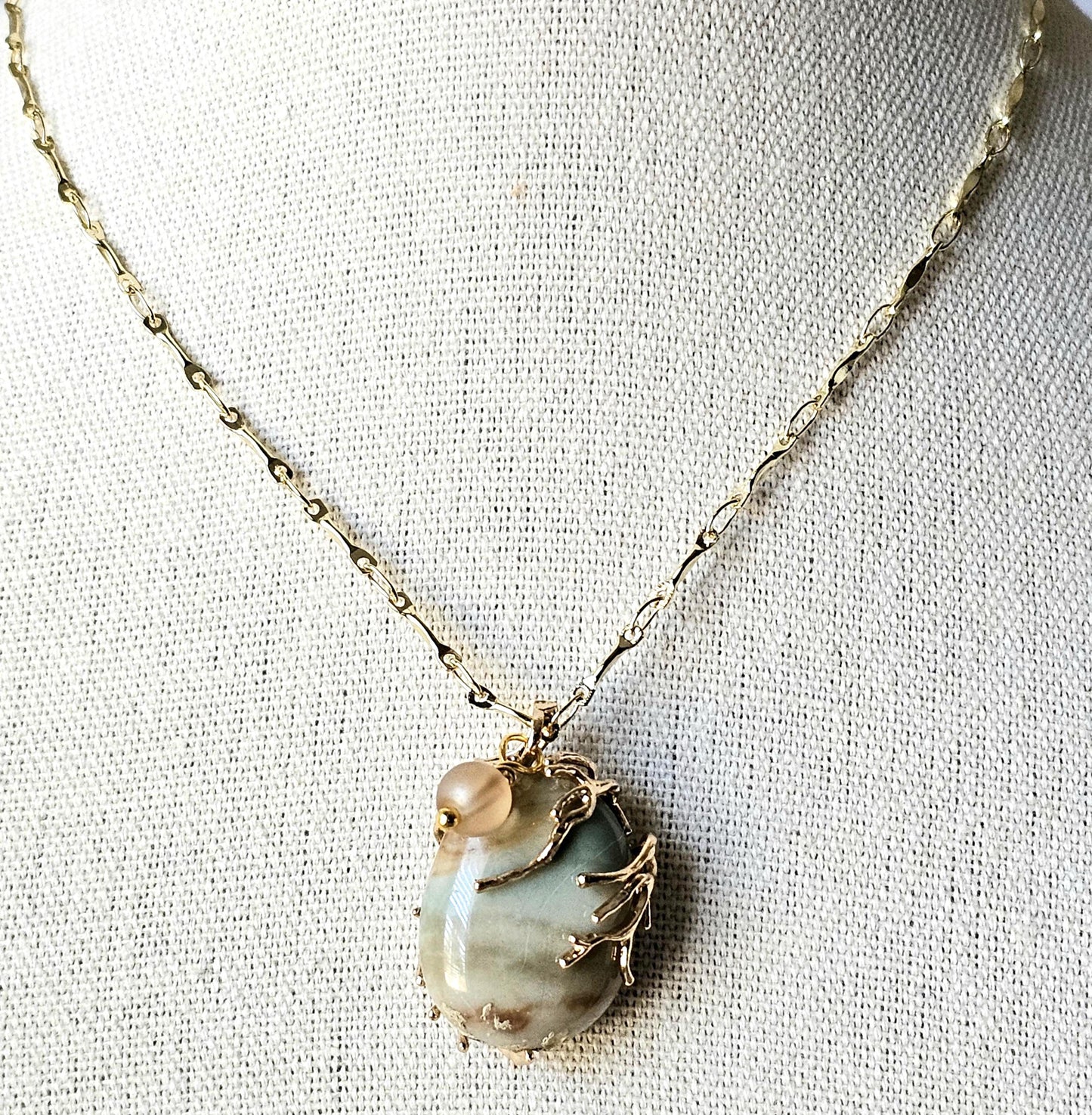 Green Jasper Pendant Necklace: Gold Tone Wire Wrap, 24" Vigano Chain