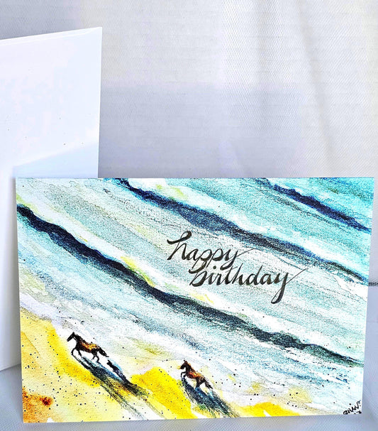 Watercolor Print Horses on Beach Birthday Card: Christian Art Print (5x7)