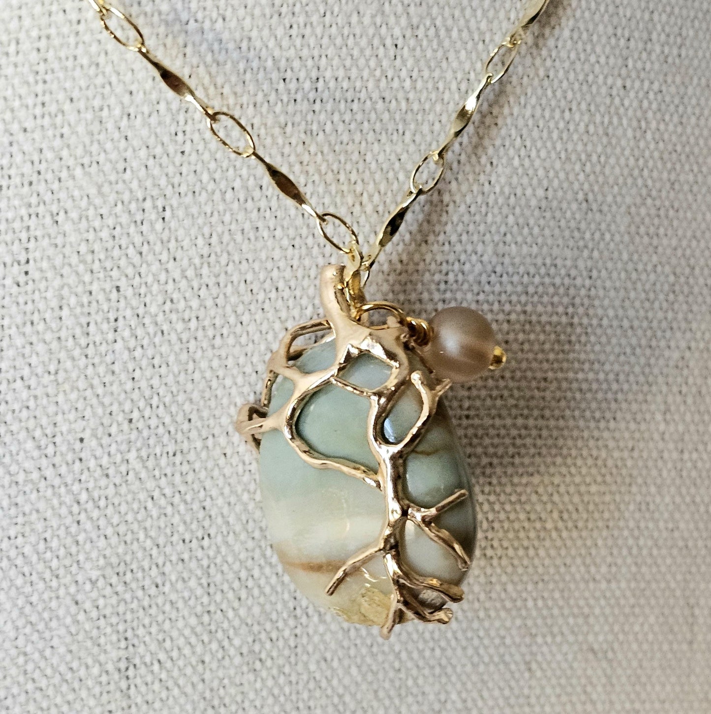 Green Jasper Pendant Necklace: Gold Tone Wire Wrap, 24" Vigano Chain