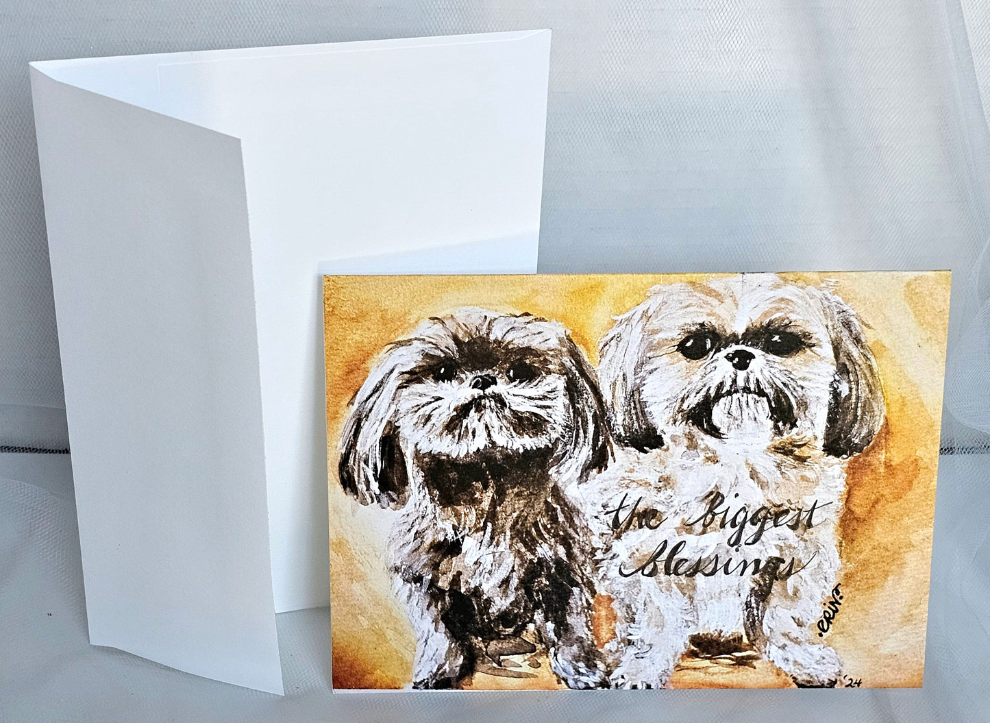 Shih Tzu Pups Watercolor Greeting Card: Christian Art, 'Biggest Blessings' (5x7)