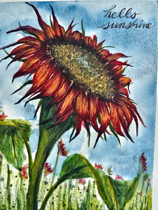 Red Sunflower Watercolor Painting: 'Hello Sunshine' Floral Art (9x6 Unframed)