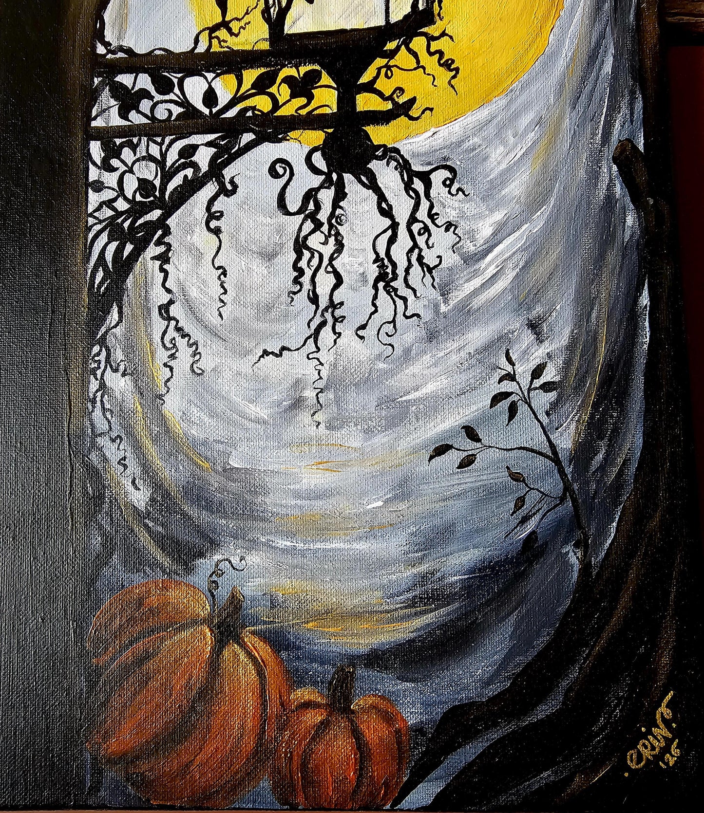 Original Acrylic Fall Painting: Lantern with Pumpkins, Dowel Hanger - 20x10