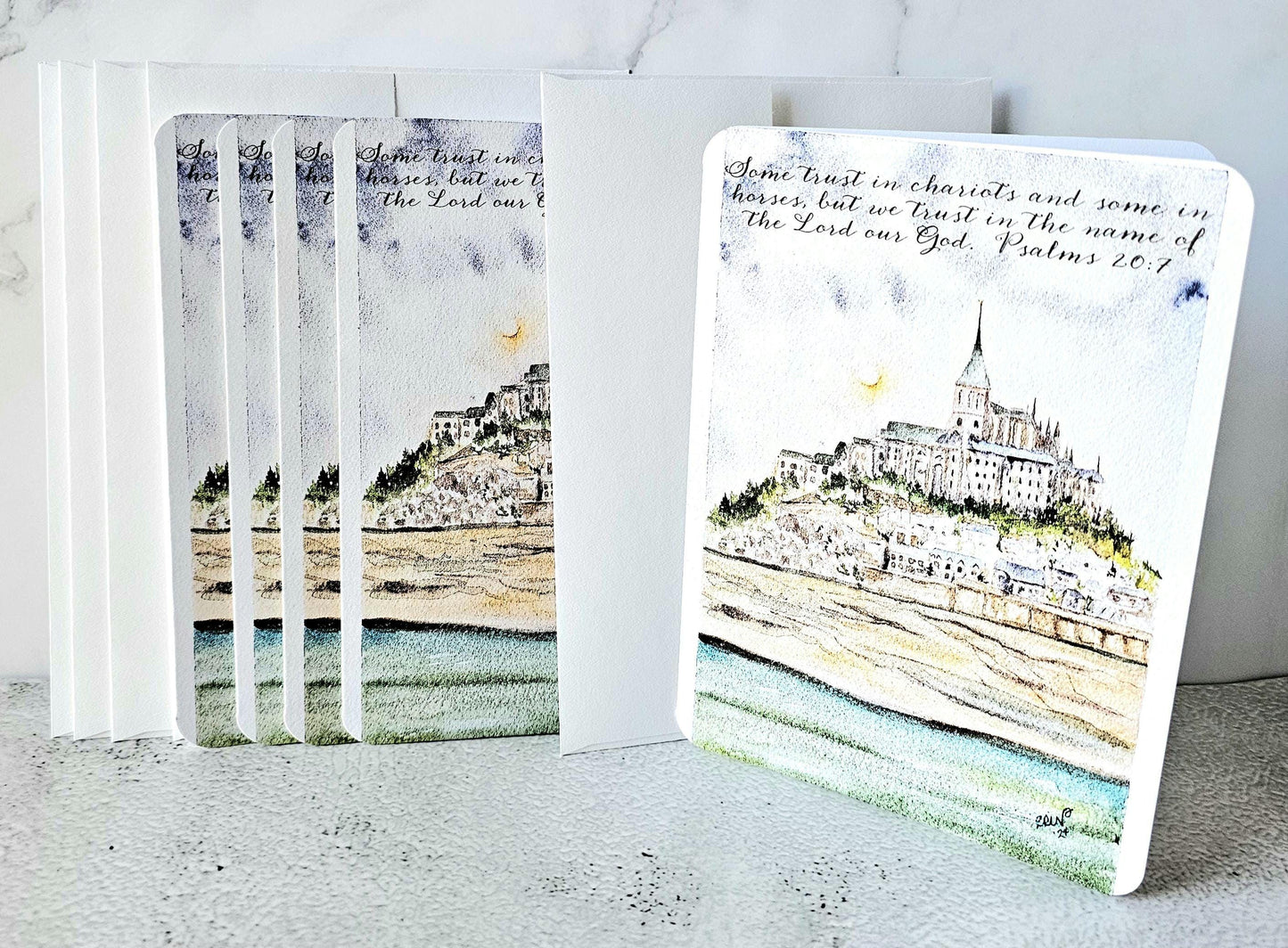 Mont St Michel Watercolor Print Greeting Cards: Christian Verse, Set of 5