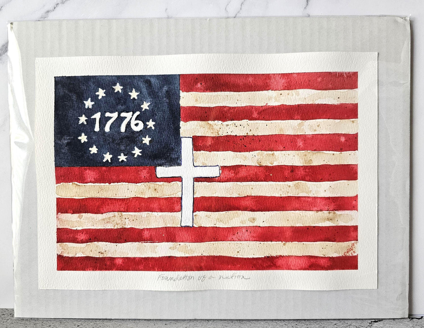 Original Watercolor Painting: 1776 US Flag, Christian Patriotic Art, Unframed