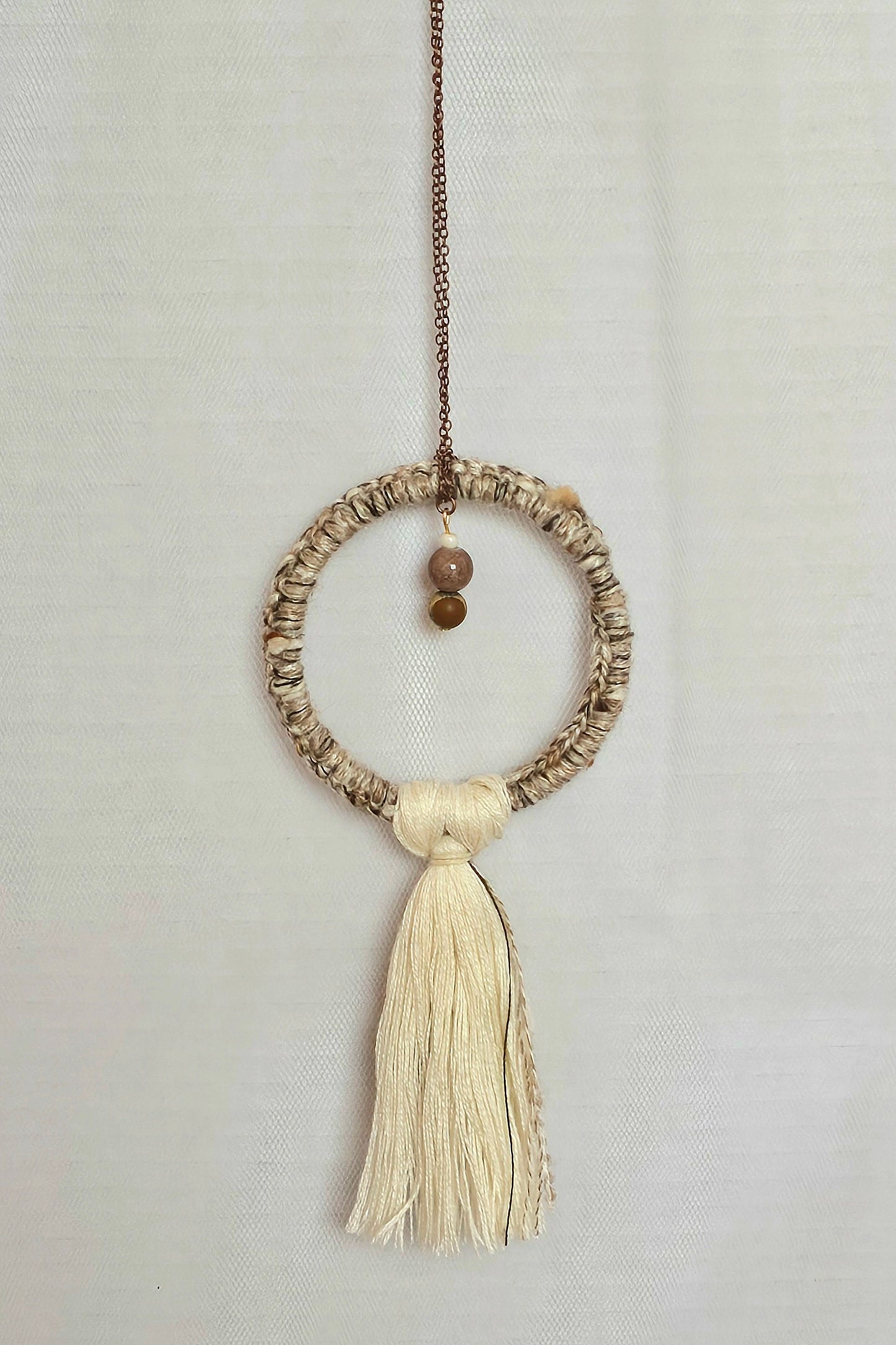 Handmade Boho Crochet Pendant Necklace: Brown Beads, Cream Tassel, Copper Chain