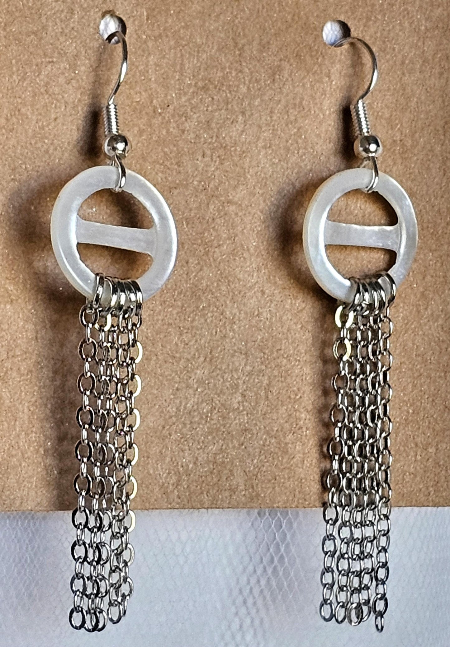 Handmade Mother of Pearl Circle Earrings: Stainless Steel Chain Fringe