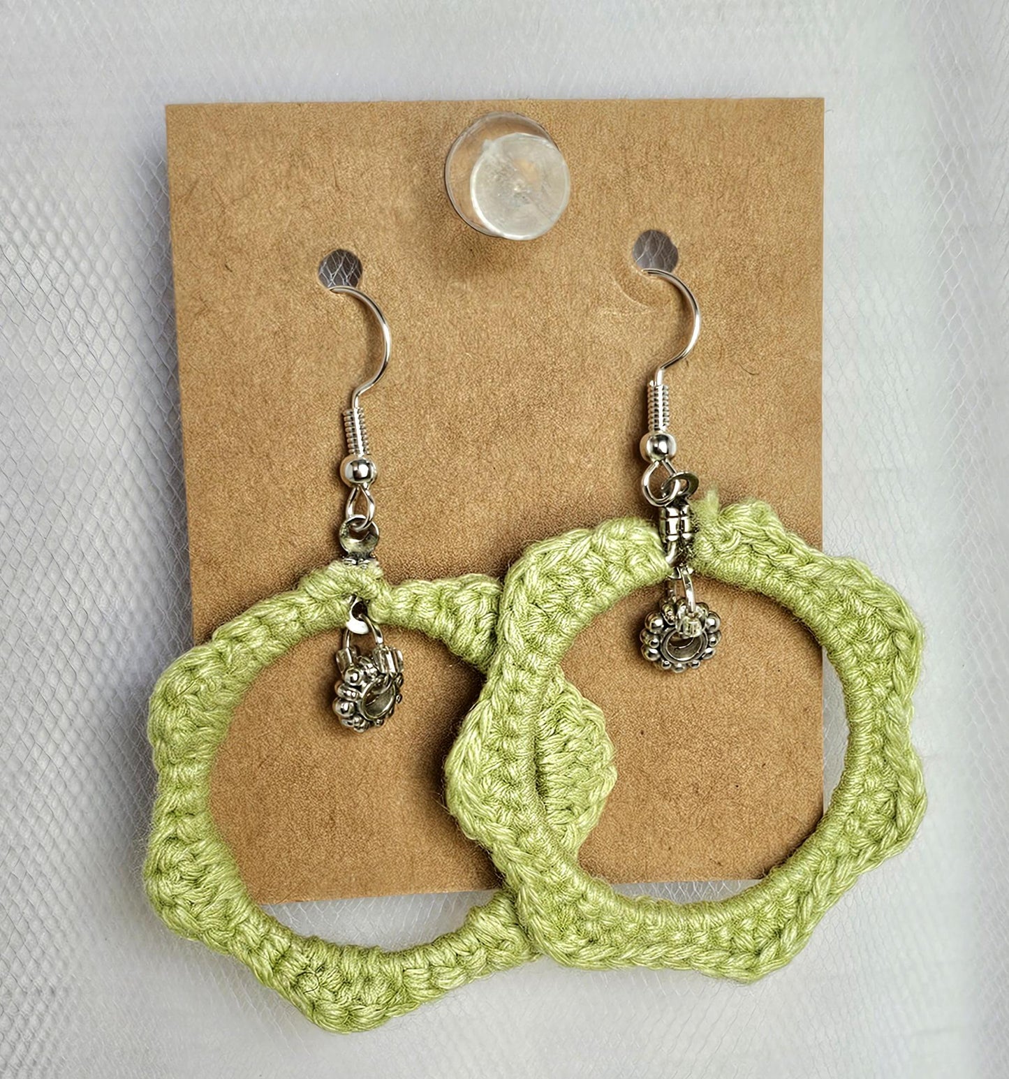 Handmade Crochet Hoop Earrings: Lime Green Cotton with Silver Beads