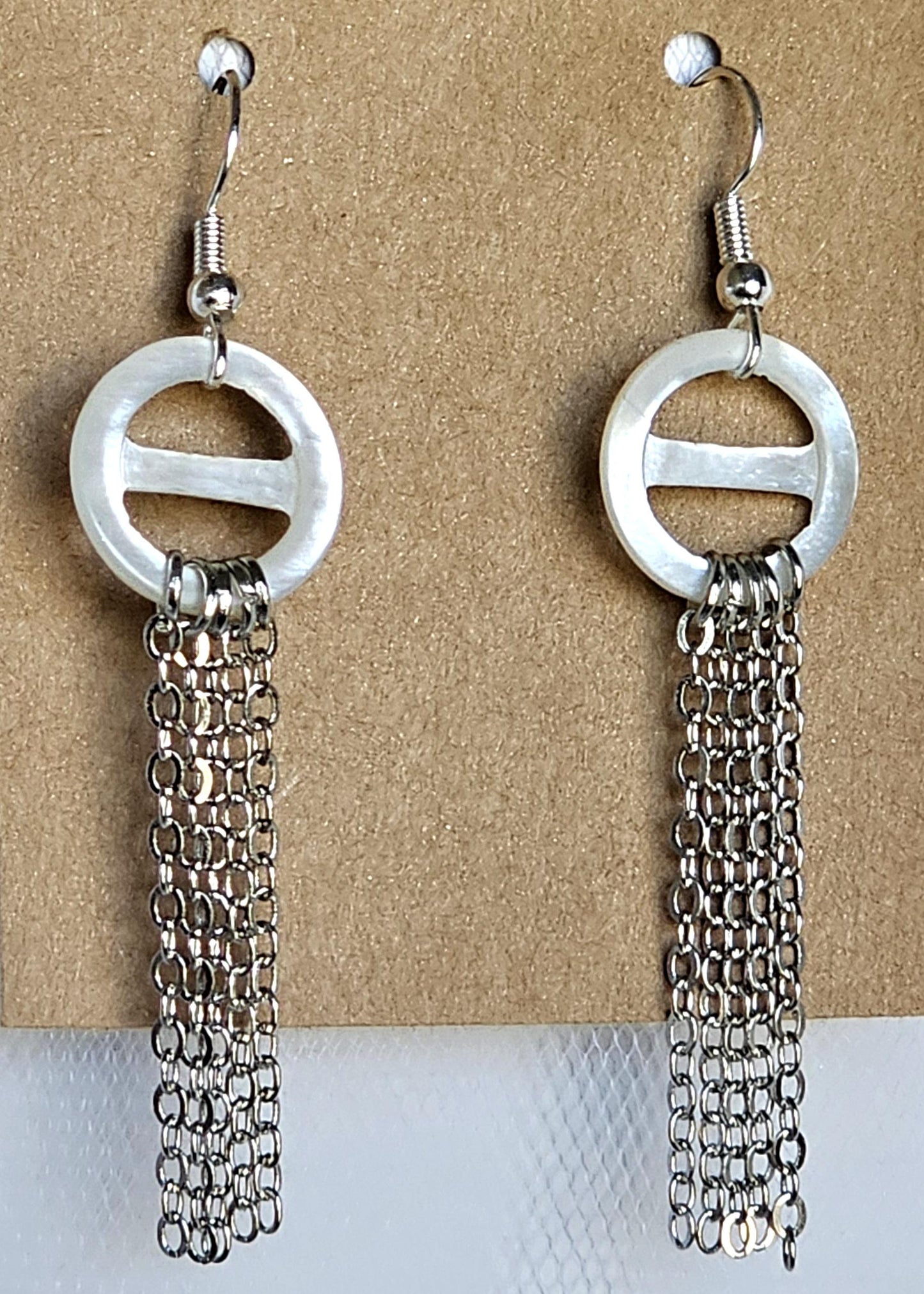 Handmade Mother of Pearl Circle Earrings: Stainless Steel Chain Fringe