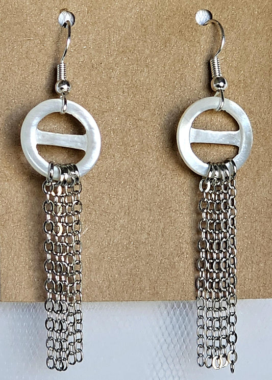Handmade Mother of Pearl Circle Earrings: Stainless Steel Chain Fringe
