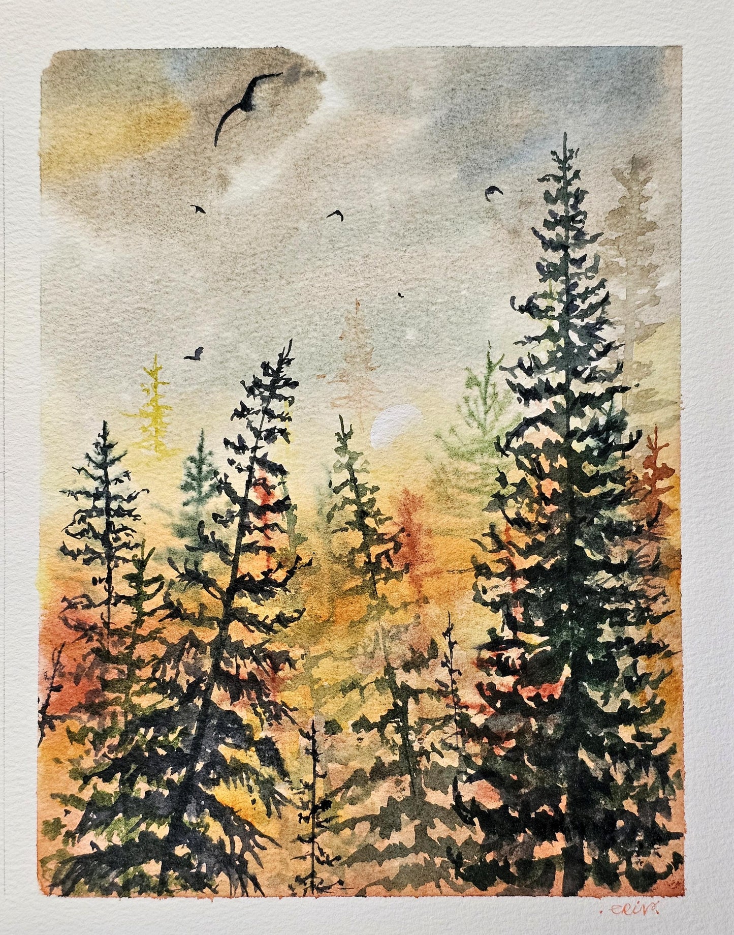 Original Watercolor Art Painting 'Caramel Sunrise' Unframed 8.5x6.5" With Backing & Slipcover