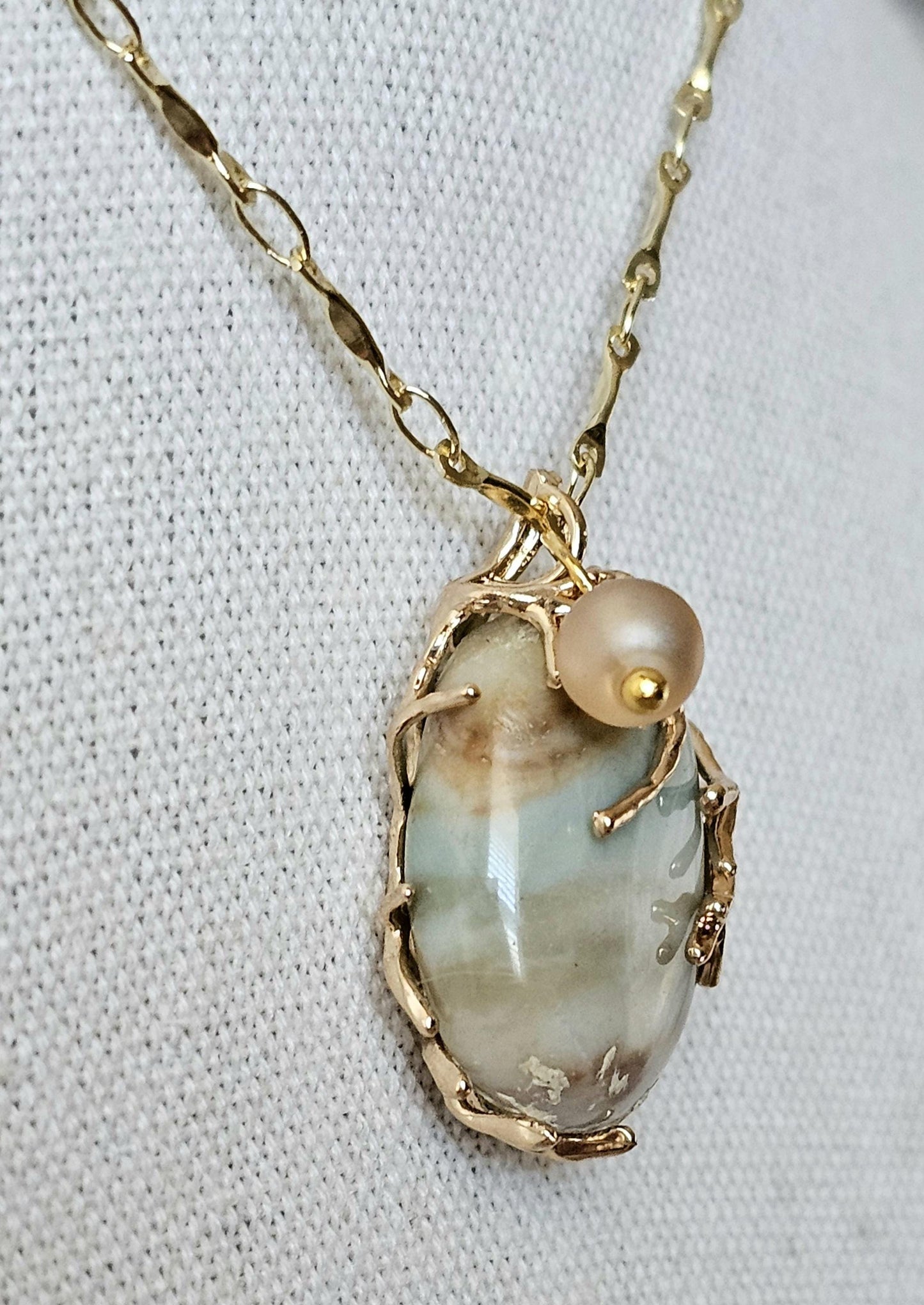 Green Jasper Pendant Necklace: Gold Tone Wire Wrap, 24" Vigano Chain