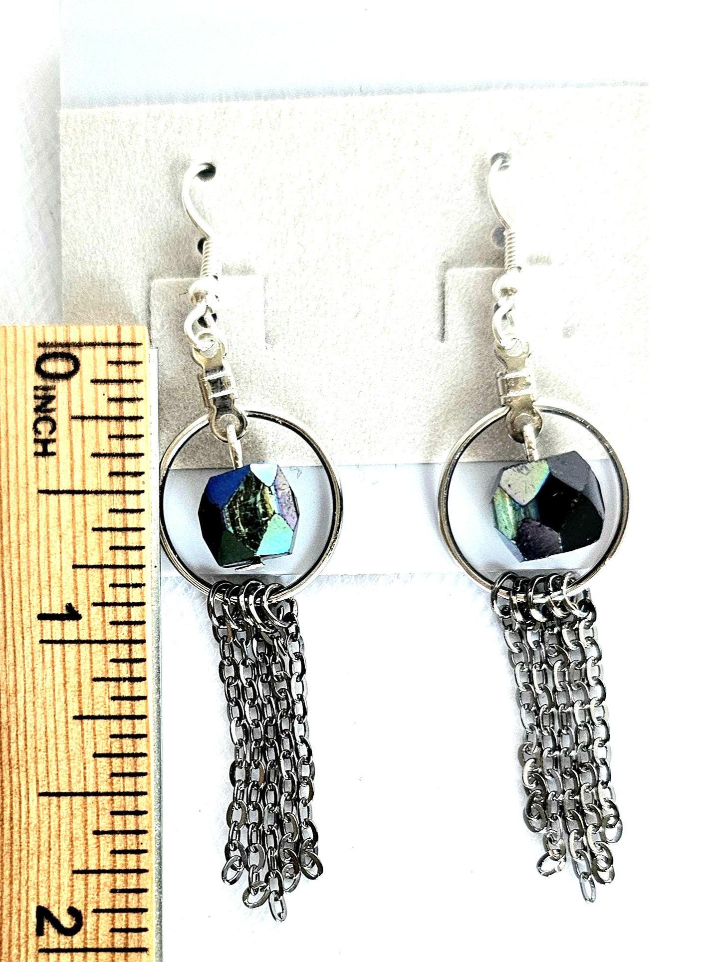 Handmade Iridescent Black Beaded Hoop Earrings with Dark Silver Chain Fringe