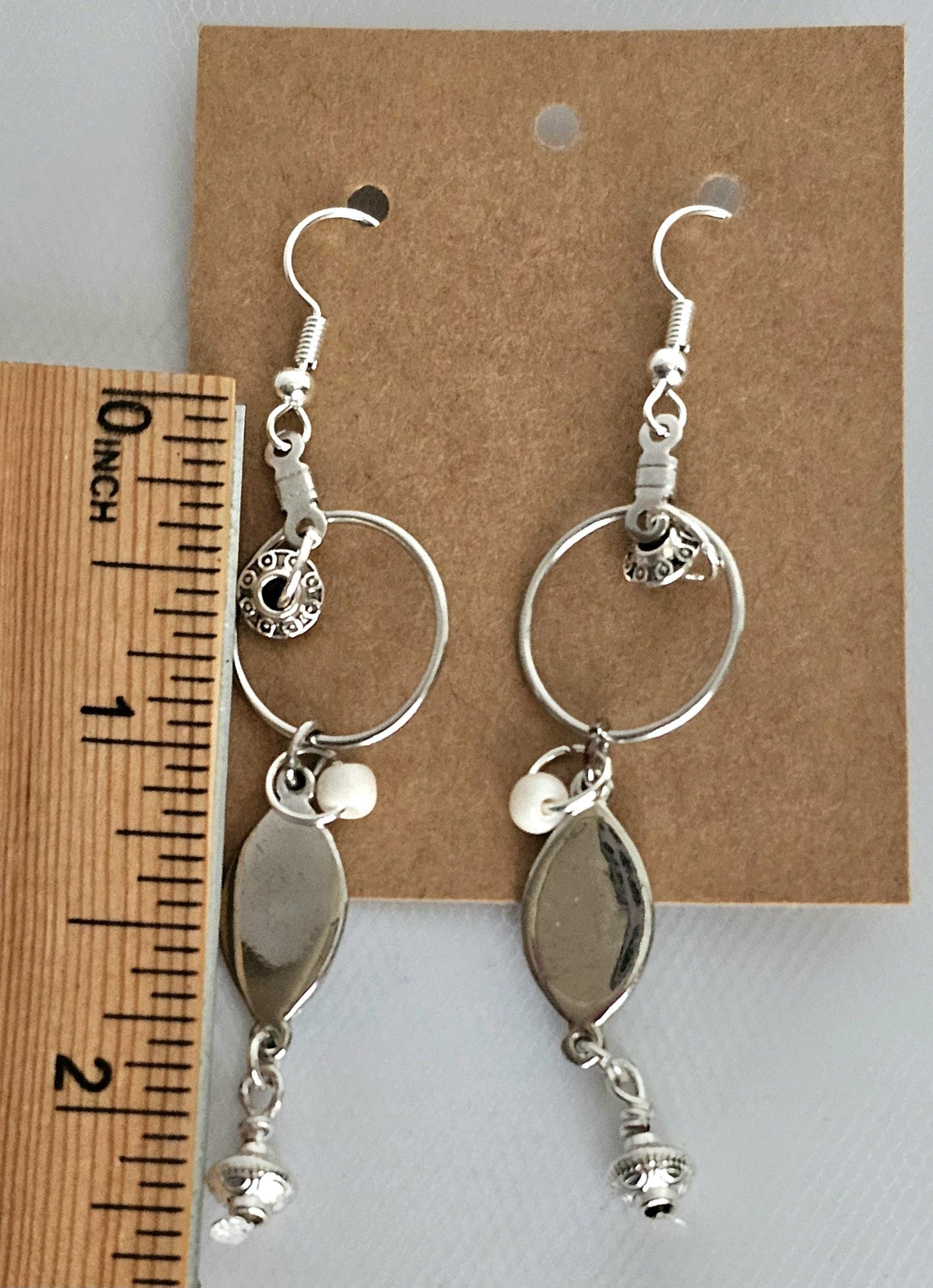 Handmade Silver Tone Hoop Earrings: White Beads, Hypoallergenic Hooks