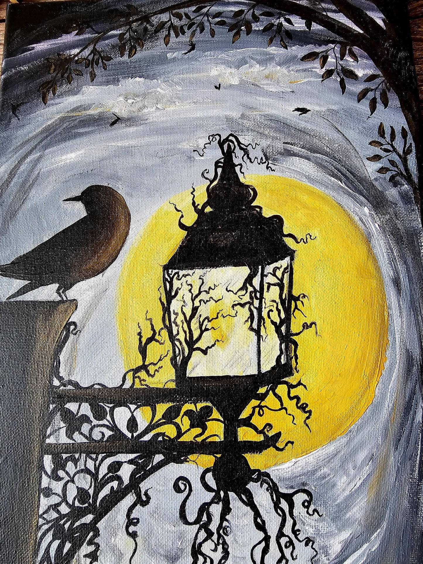 Original Acrylic Fall Painting: Lantern with Pumpkins, Dowel Hanger - 20x10