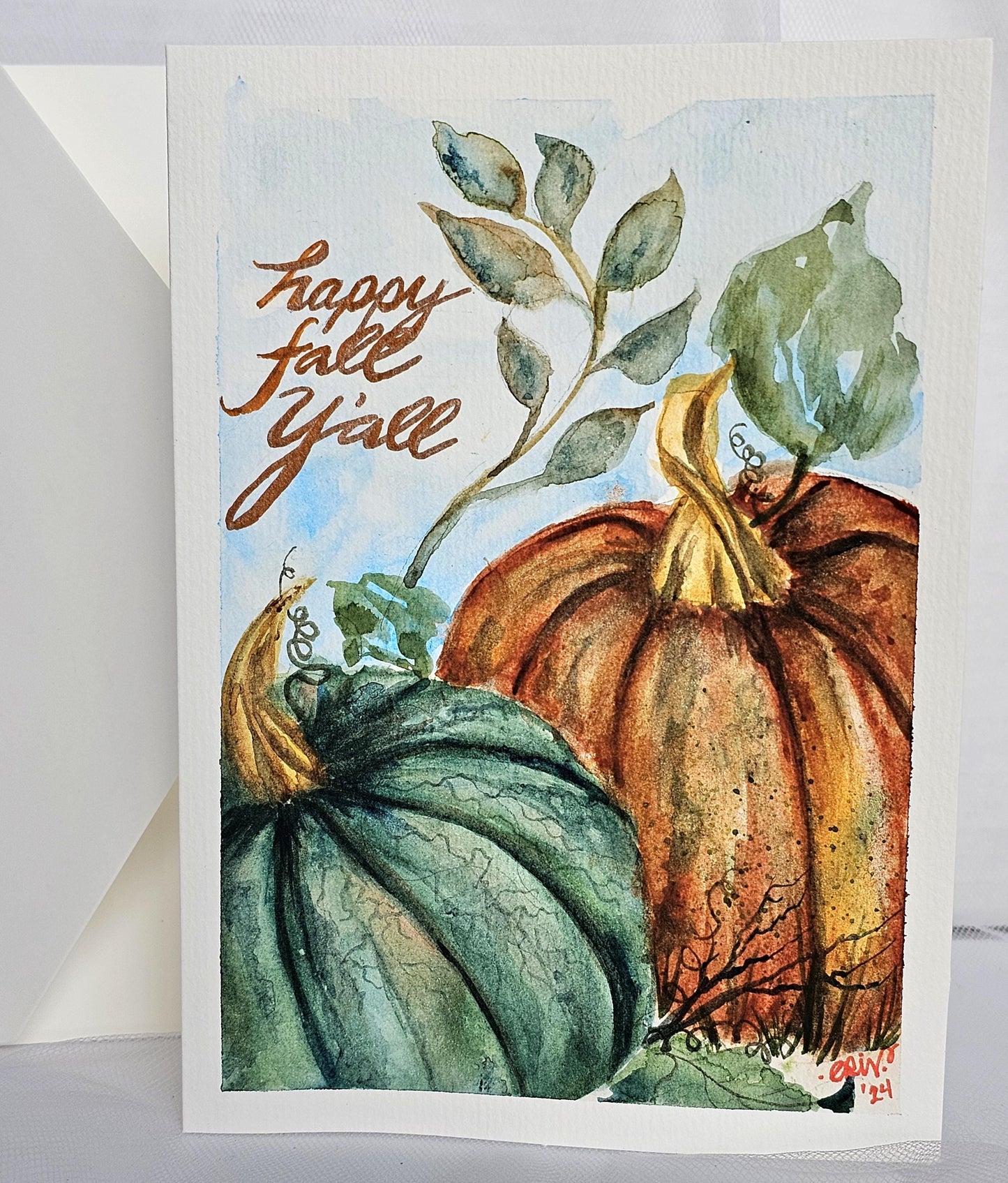 Watercolor Pumpkin Greeting Card: 'Happy Fall Y'all' 5x7