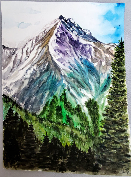 Original Watercolor Mountain Landscape Painting: Expressionist Art (12x9)