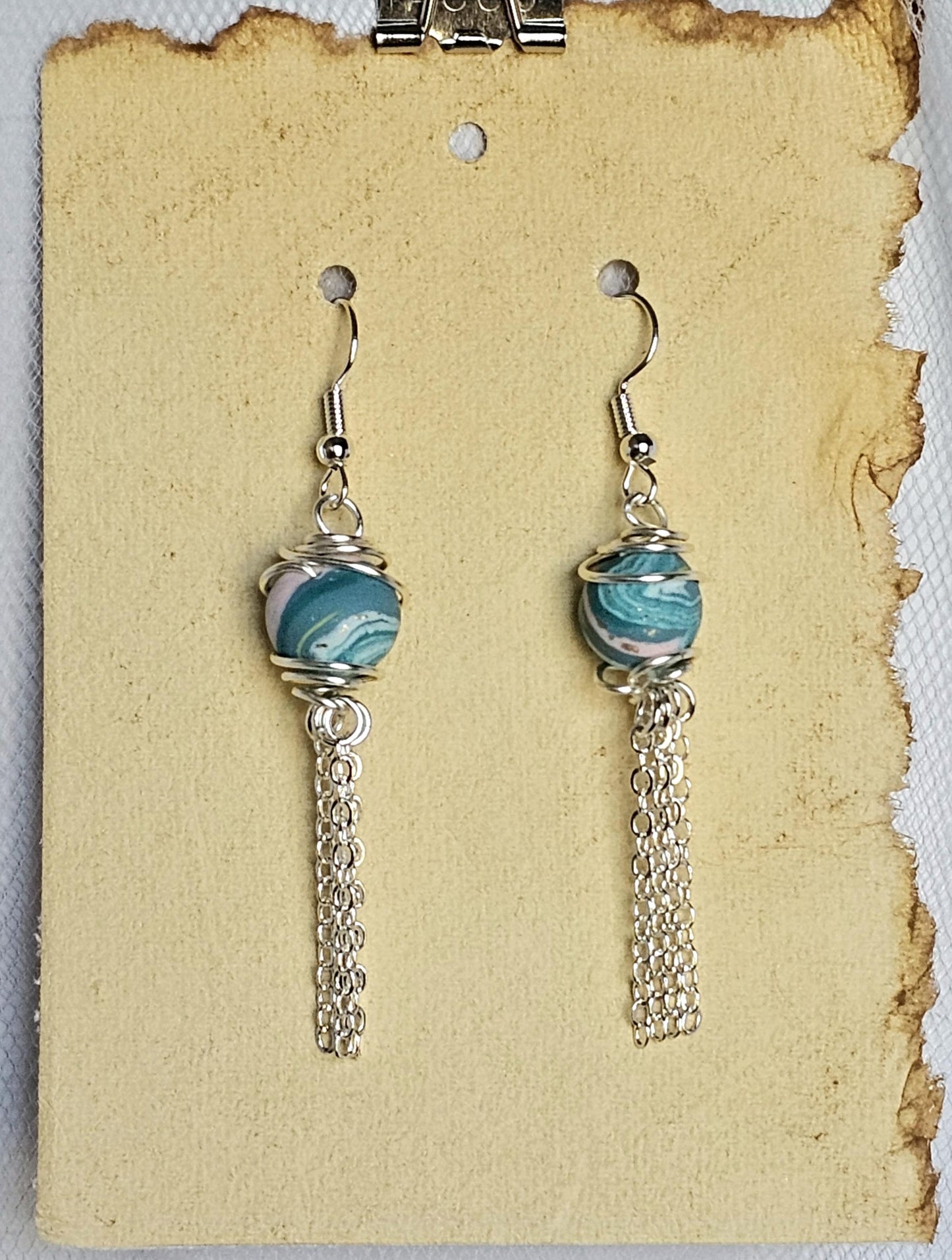 Artisan Turquoise Clay Bead Dangle Earrings with Silver Chain Tassel