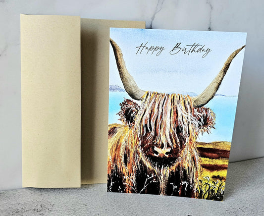 Highland Cow Birthday Card: Original Watercolor Print (5x7 with Envelope)