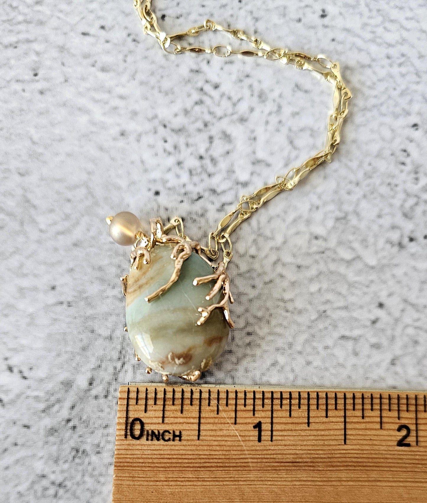 Green Jasper Pendant Necklace: Gold Tone Wire Wrap, 24" Vigano Chain
