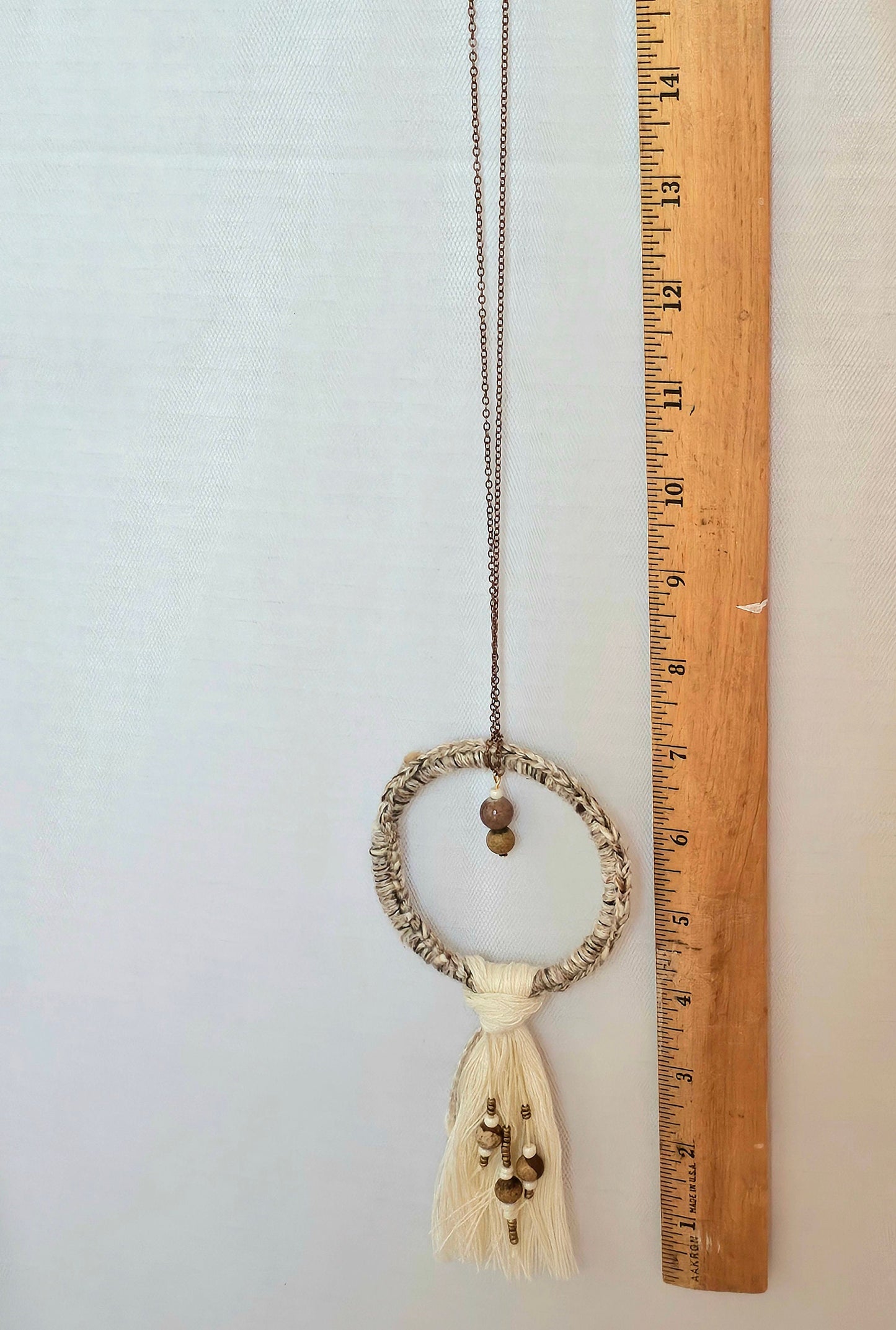 Handmade Boho Crochet Pendant Necklace: Brown Beads, Cream Tassel, Copper Chain