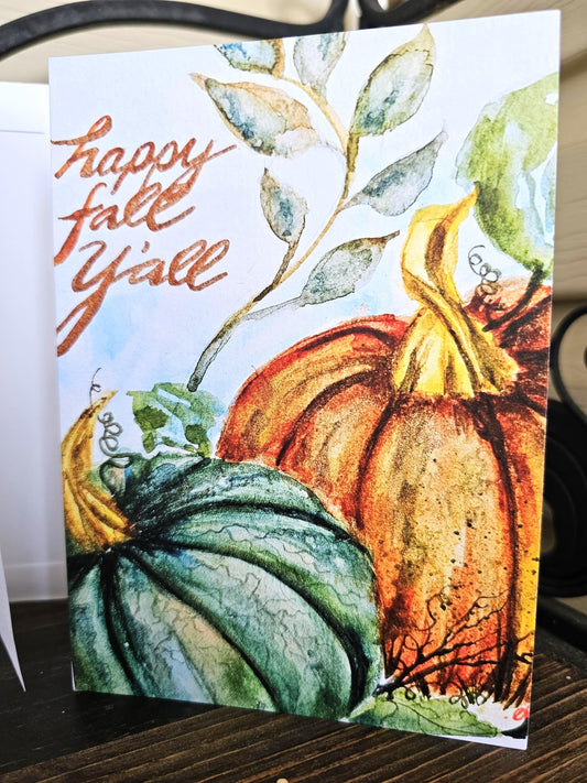 Watercolor Pumpkin Greeting Card: 'Happy Fall Y'all' 5x7 with Envelope