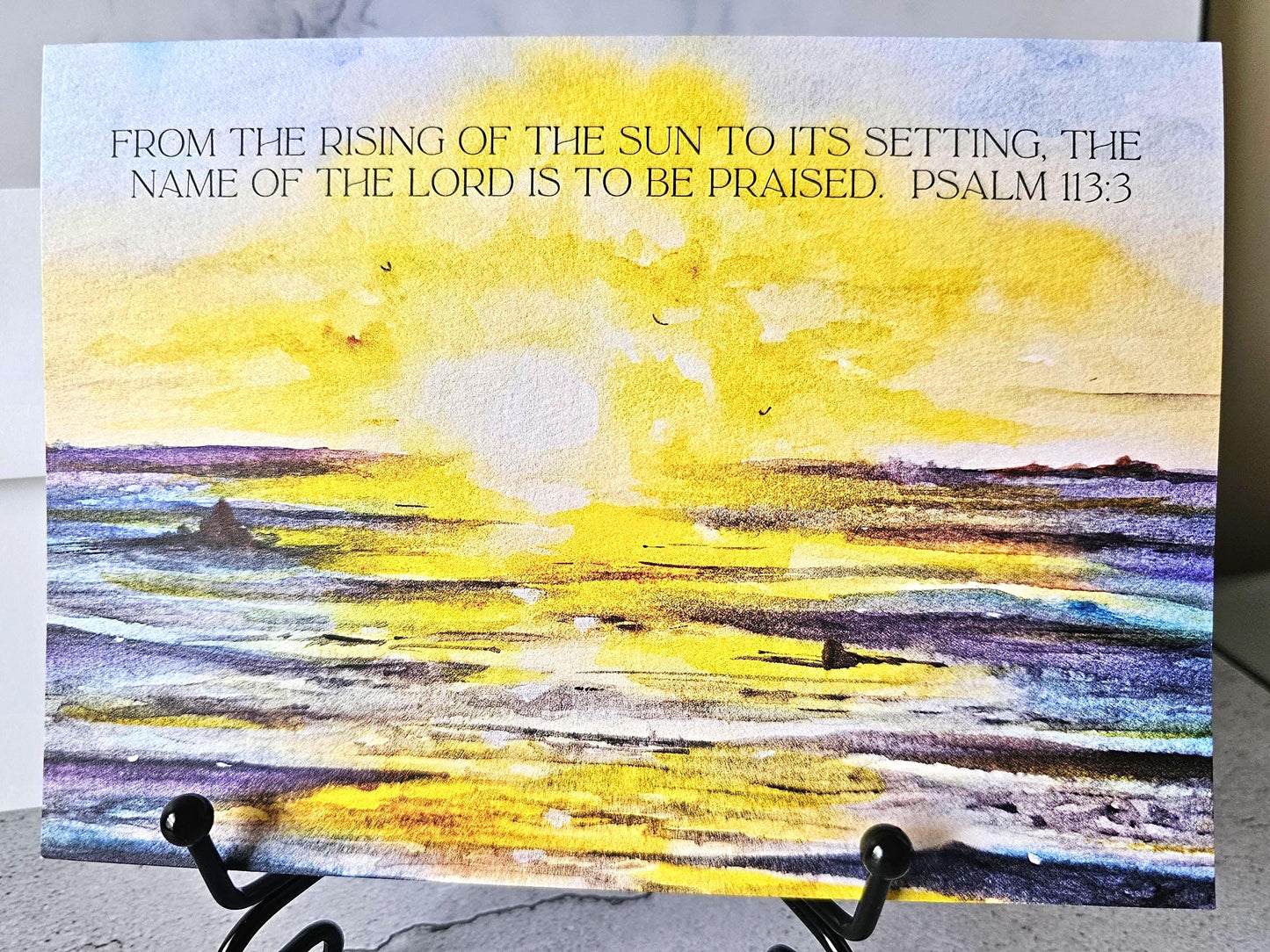 Watercolor Ocean Sunrise Greeting Card with Envelope, Christian Message with Psalm 113:3