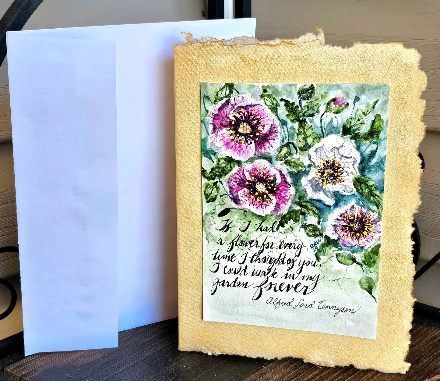 Watercolor Original Painted Poppies Art Card: Burnt Edge Parchment with Envelope