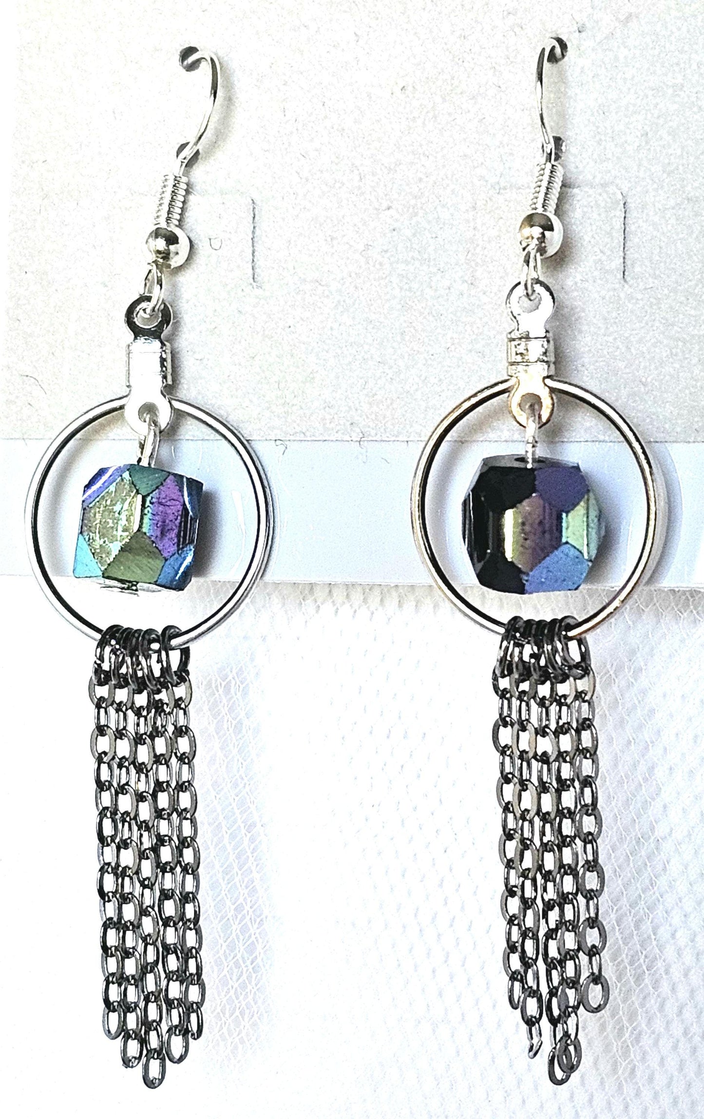 Handmade Iridescent Black Beaded Hoop Earrings with Dark Silver Chain Fringe